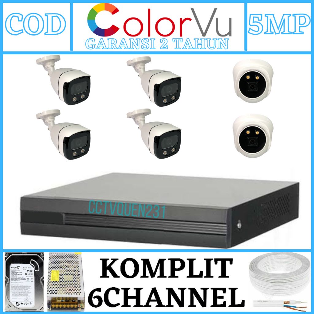 PAKET CCTV COLORVU 8 CHANNEL 6 KAMERA FULL COLOR 5MP 1080P IR SONY TURBO HD KOMPLIT