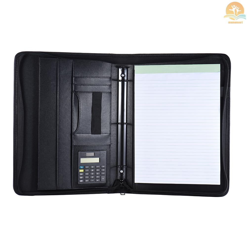 Multifunctional Professional Business Portfolio Padfolio Folder Document Case Organizer A4 PU Leather Zippered Closure Loose-leaf Loop with Calculator Business Card Holder Memo Note Pad