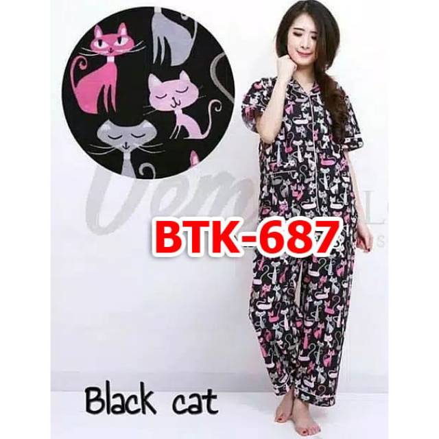 Baju tidur /baby doll/piyama motif kucing bahan katun Jepang celana panjang