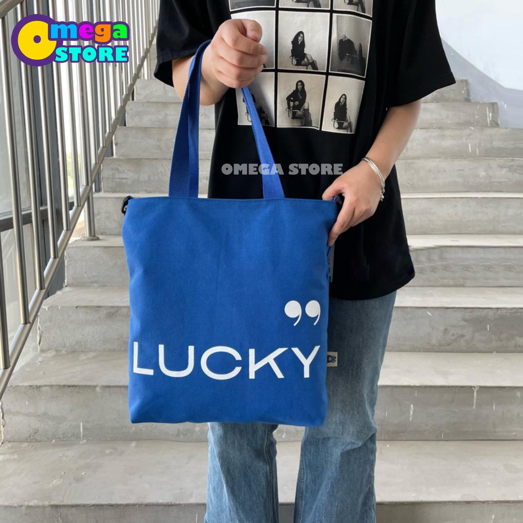 Tas Tote Bag Wanita Pria Resleting Terbaru Kekinian Motif LUCKY Fashion Korea Style Multifungsi  -263