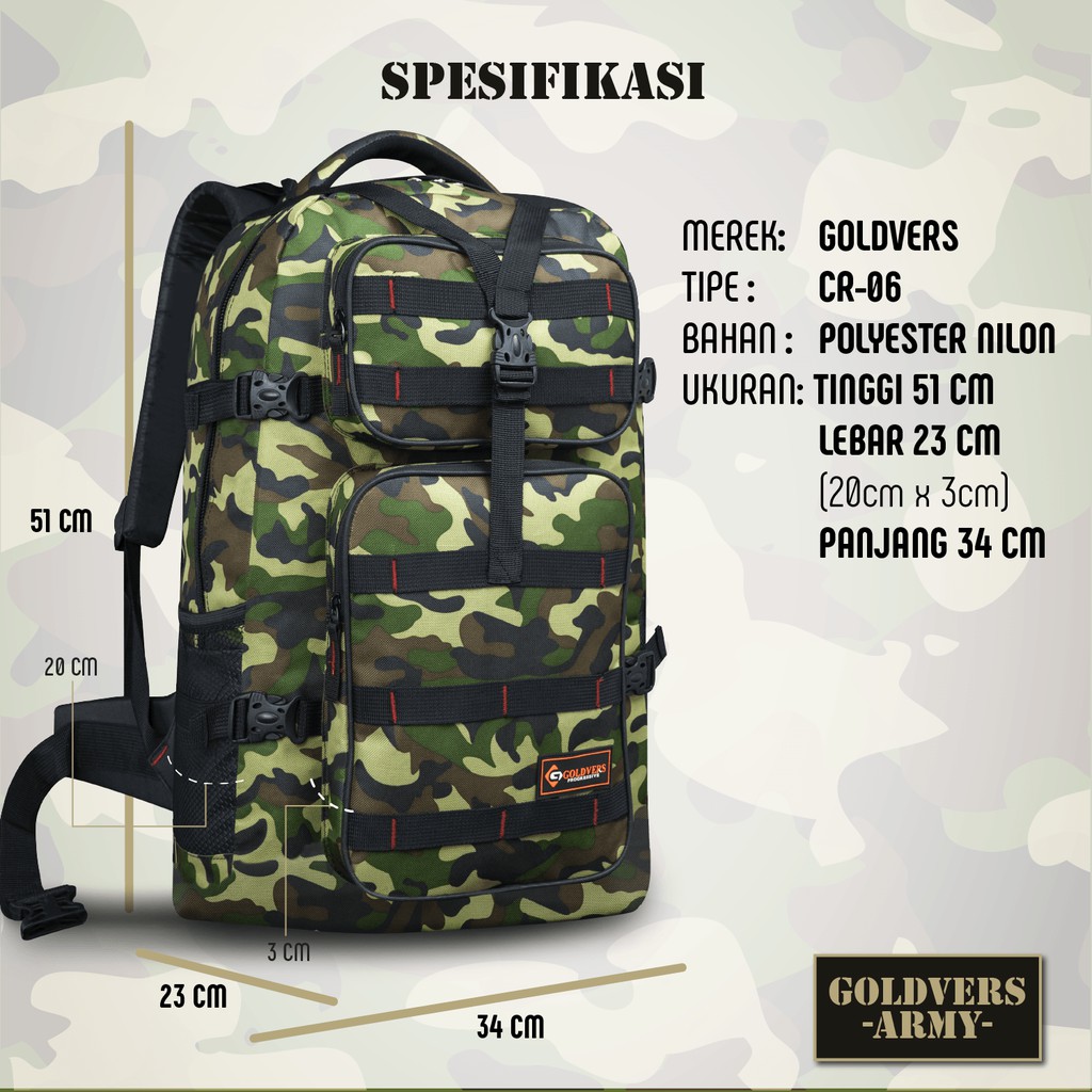 GOLDVERS Ransel Tactical ARMY BRAND Tas Mudik Sport Olahraga Mancing Berburu High Quality