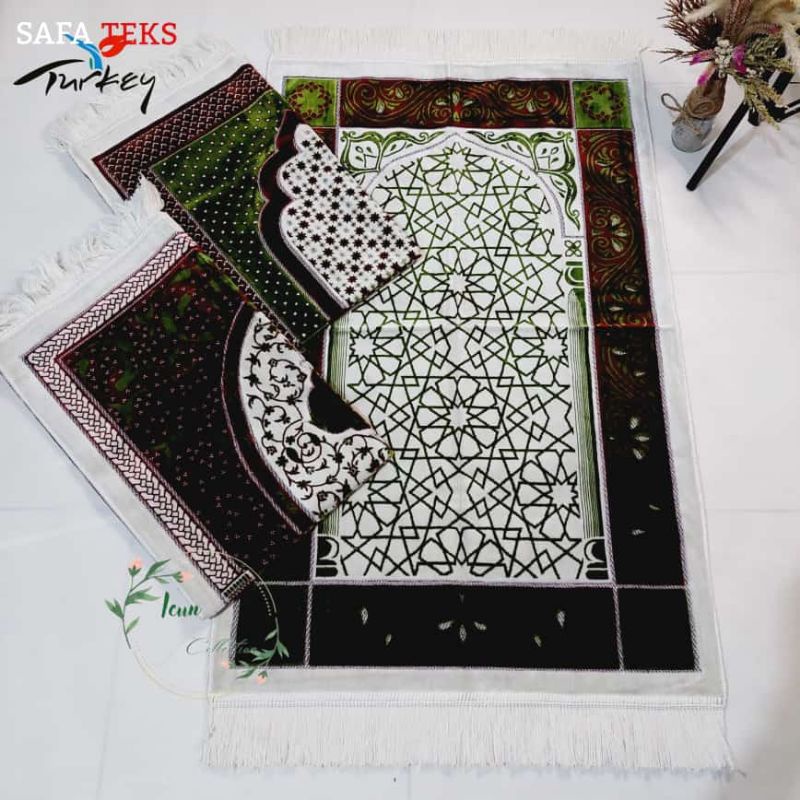 SAJADAH TURKI SAFATEX SIMLI,SAJADAH SESERAHAN HANTARAN PERNIKAHAN SOUVENIR,SAJADAH TEBAL DASAR PUTIH MOTIF WARNA TERBARU