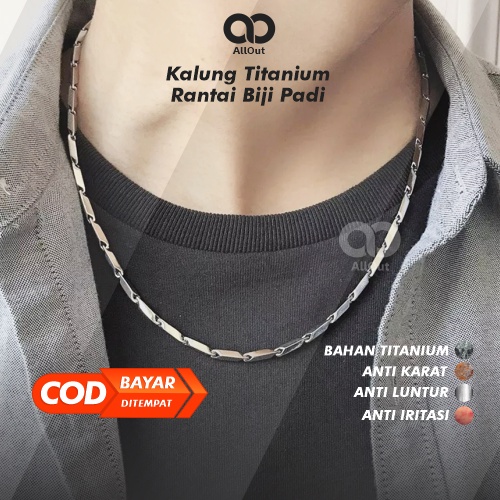 Kalung Titanium Pria Aksesoris Motif Biji Padi Anti Karat Kombinasi Asli Keren Cowok Cewek Silver Pe