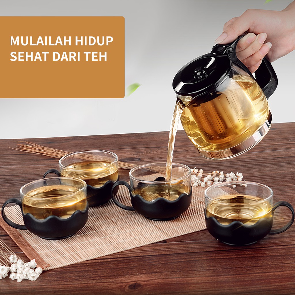 MINISO TEKO TEAPOT SET TEH SEDERHANA 5PCS/SET TEH KETEL KACA TEAPOT DENGAN 4PCS GELAS PRAKTIS KANTOR