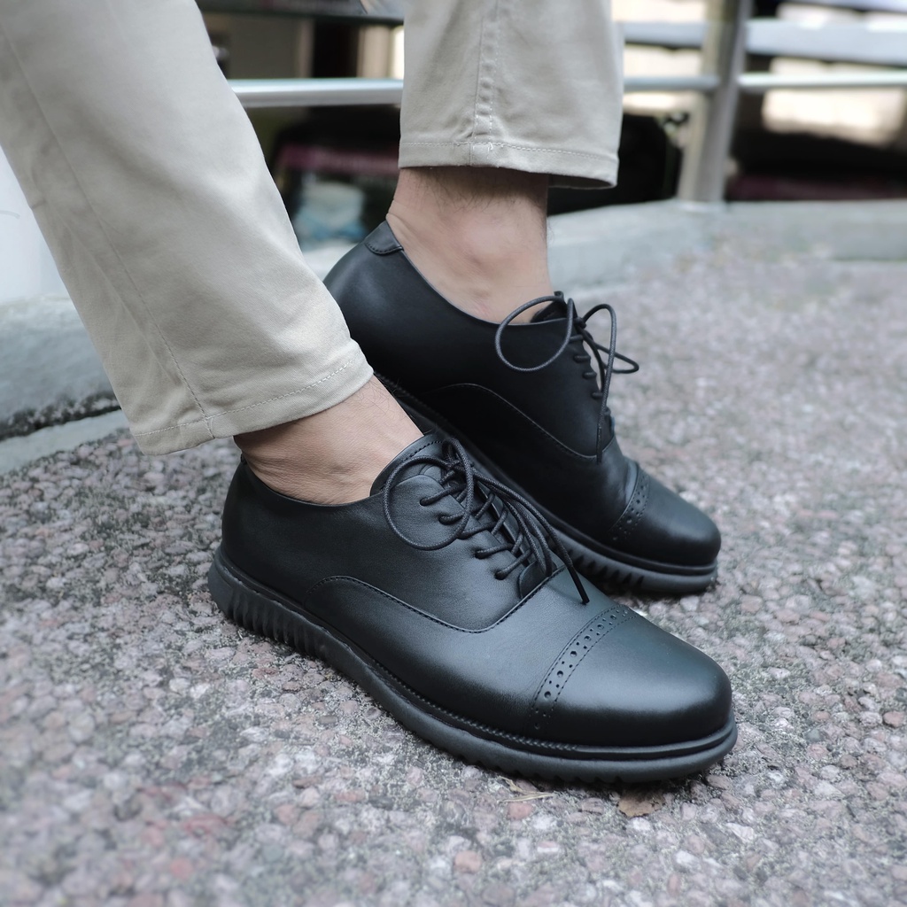 Einstein Black (Kulit Asli) - Sepatu Pantofel Pria Kulit Asli Formal Kerja Kantor Kuliah Casual Tali Pantopel Cowok Pria Oxford Pantofel Hitam Pria