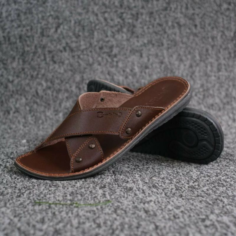 BRLN 003 Brown Sandal Pria Full Kulit Asli Original Sendal Santai Anti Slip Klasik