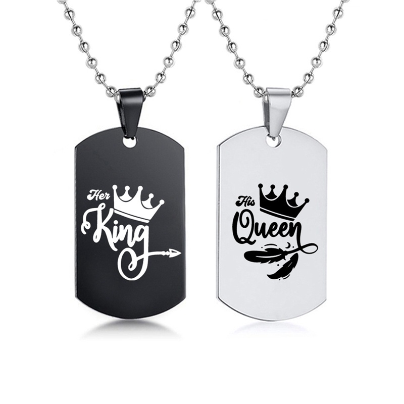 Fancyqube 2pcs / Set Kalung Tag Ukir Tulisan Her King His Queen Warna Hitam Untuk Hadiah Valentine