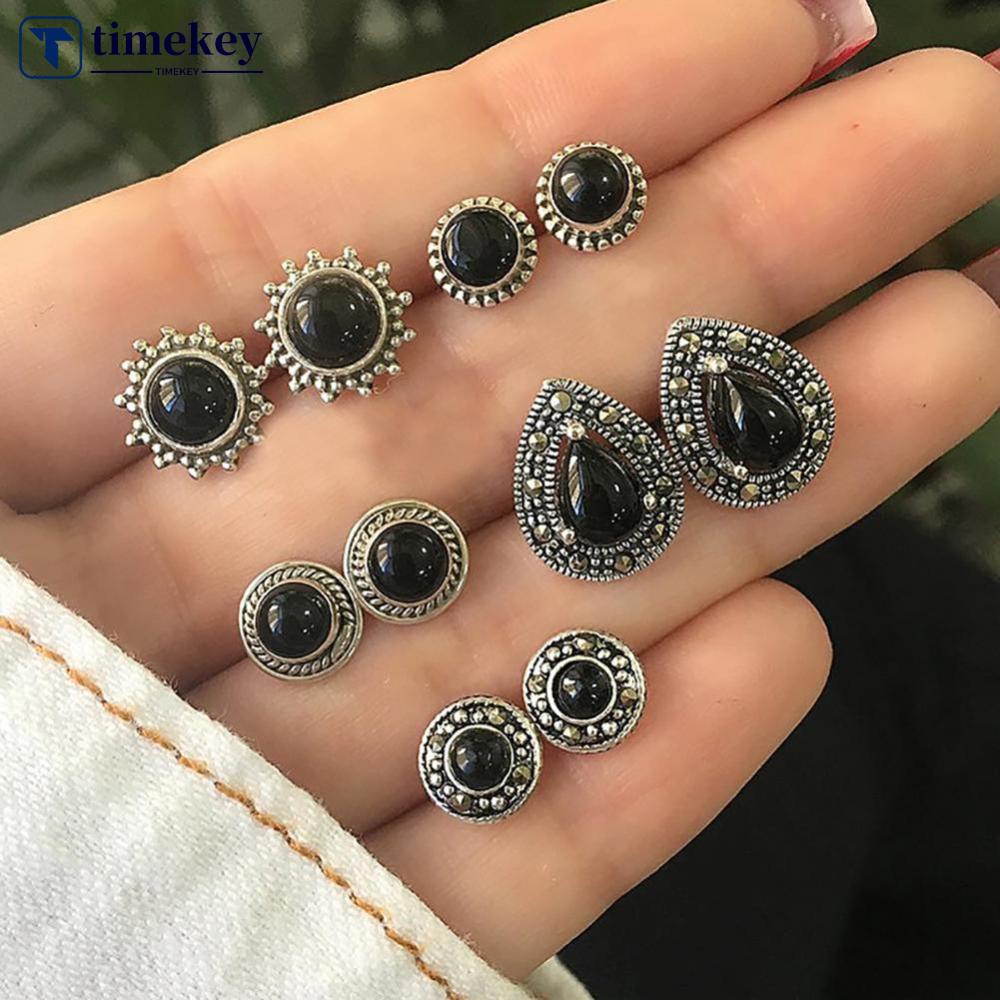 Timekey 5 Pasang / set Anting Tusuk Vintage Bentuk Bunga / Tetesan Air Hias Kristal Hitam Untuk Wanita A9K1