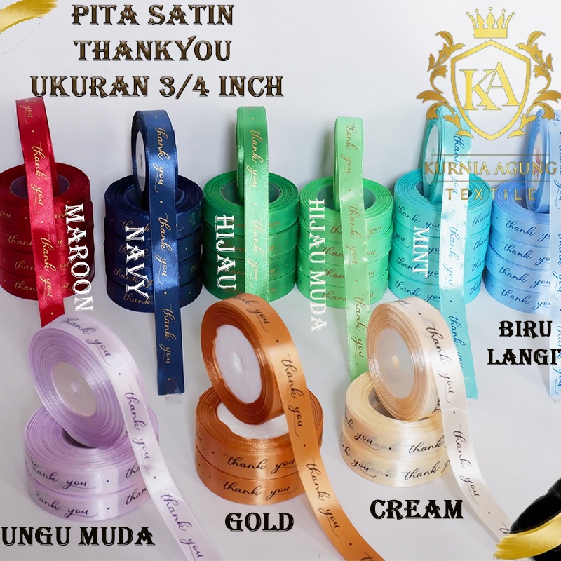 Pita Satin Tulisan Thank You 2cm Pita Kado hampers souvenir ukuran 3/4 inch Roll dan 10 Meter