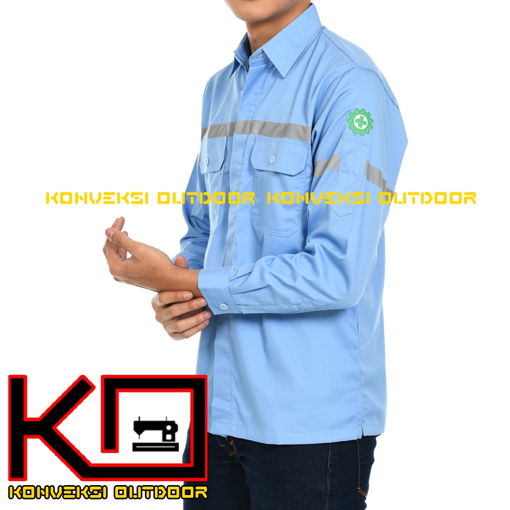 BAJU KEMEJA SAFETY WEARPACK K3 OUTDOOR PREMIUM LENGAN PANJANG - Seragam Proyek Pria Kerja Lapangan Bangunan Tambang Alat Berat PLN Enginer Instalasi Mesin Warepack Werpak Werpack Warepak Warpack Warpak Teknisi scotlet Warna Biru Muda Konveksi Outdoor