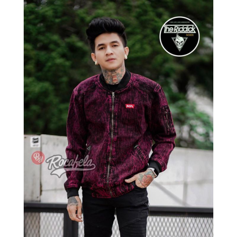 [SIAP KIRIM] JAKET JEANS PRIA SANDWASH MAROON COWOK  BOMBER DENIM RCFL ROCAFELA ORIGINAL