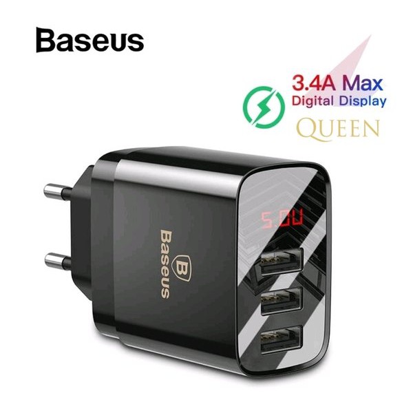 Baseus Adaptor Charger LED 3 USB PORT - Charger Baseus 3.4A 3 PORT LED Display - Charger OriginaL