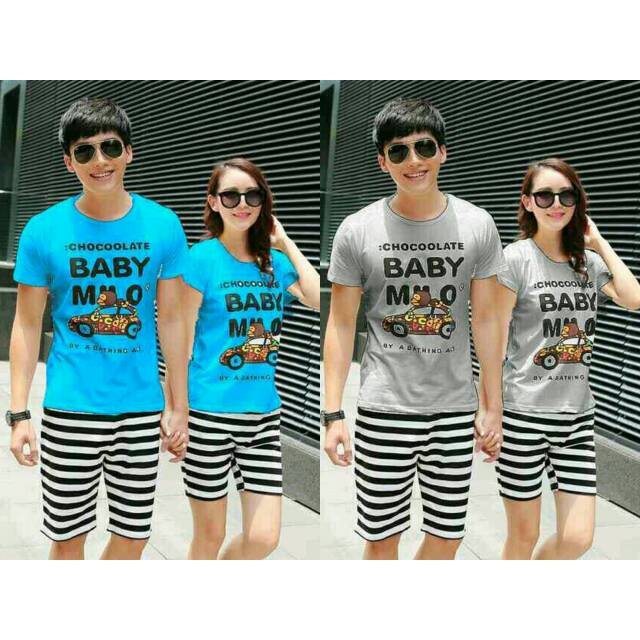 BAJU COUPLE MODEL BABY MILO WARNA BIRU MUDA ABU PAKAIAN FASHION KAPEL BARU BAGUS KAOS COWOK CEWEK