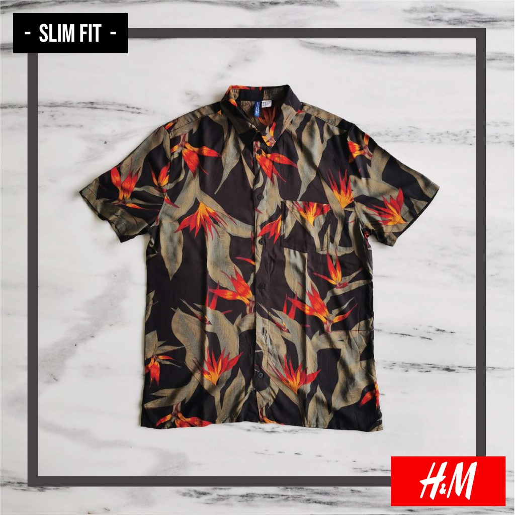 Kemeja Pria DIVIDED H&M Lengan Pendek Resort Bunga Pantai ORIGINAL