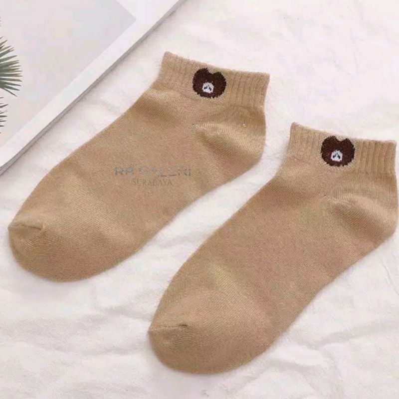Kaos Kaki Fashion Unisex Motif Polos Beruang Fashion Wanita Pria KAOSKAKI ANKLE Sock BUNGA RB-BERUANG - CREAM