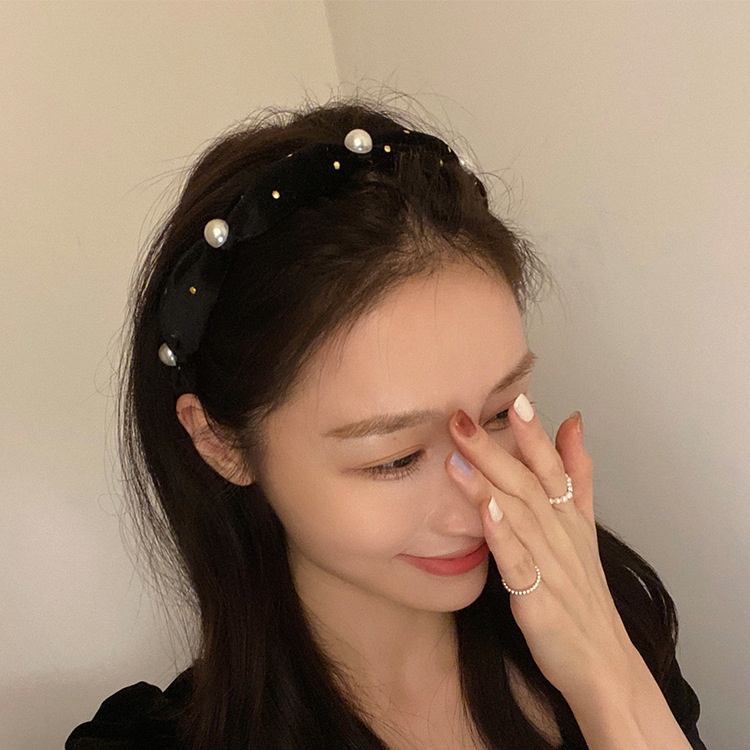 BANDO KAIN MOTIF POLKA DOT MUTIARA ELEGAN KOREAN STYLE BANDANA KOREA HITAM POLOS BEADED HEADBAND PEARL PESTA HIGH-END BENDO PESTA FORMAL