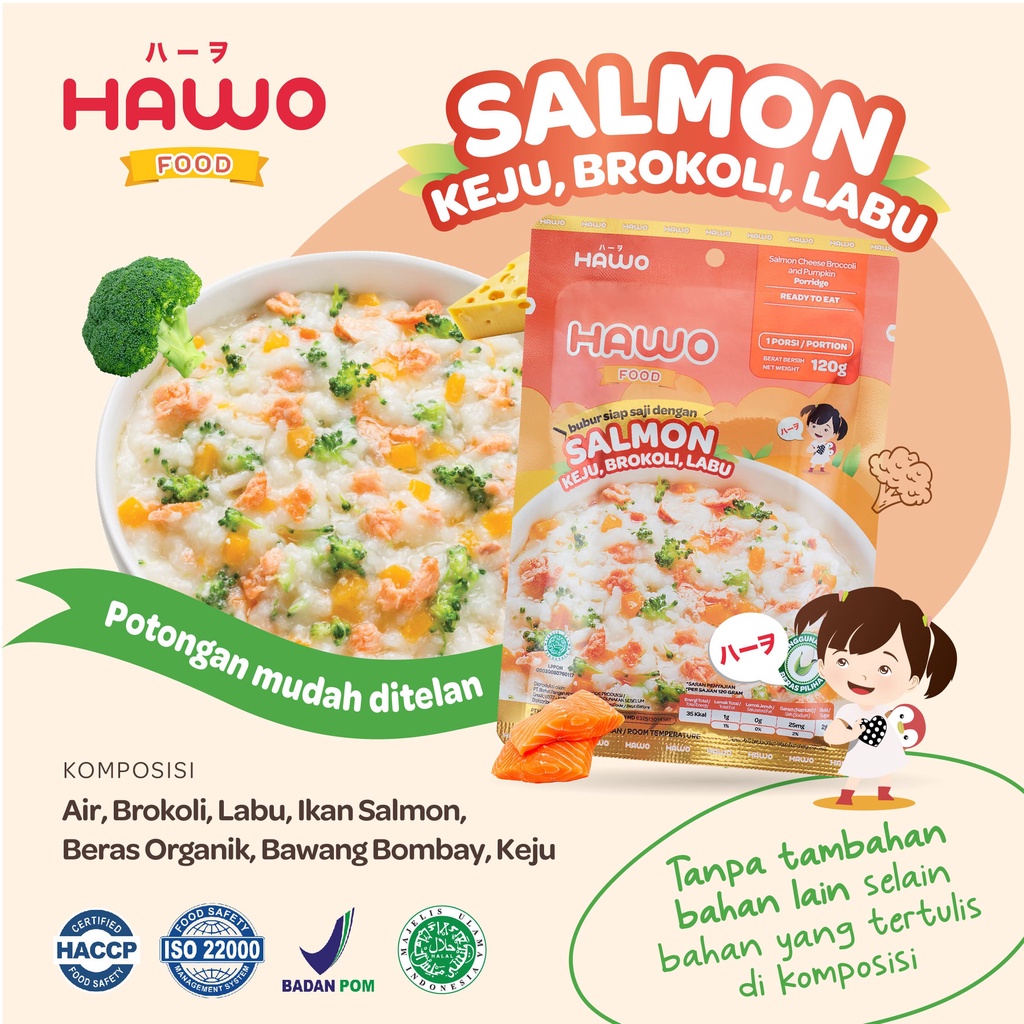 

Hawo Food Bubur Ready To Eat 12M+ Salmon Keju, Brokoli, Labu