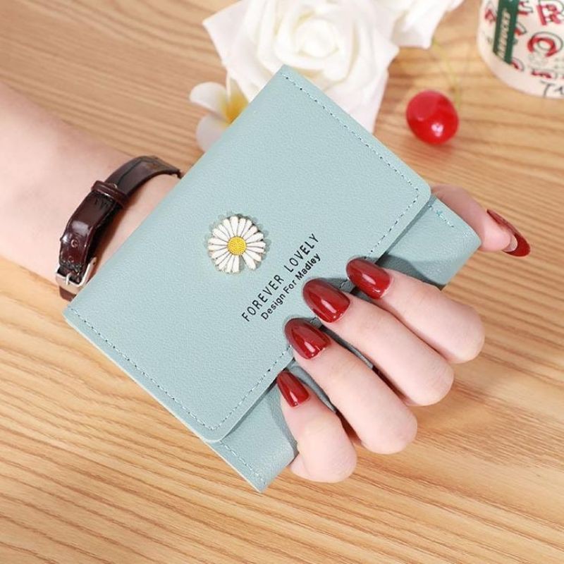 (COD)Dompet Lipat Wanita Kecil Motif Bunga Daisy Dompet Wanita Mini Fashion-Q27-Biru