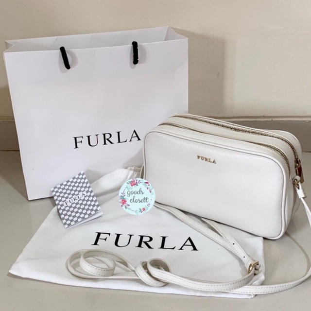 [preloved] ORIGINAL FURLA Lilli Saffiano Leather Crossbody Double Zip Pouch Camera Bag White / tas s