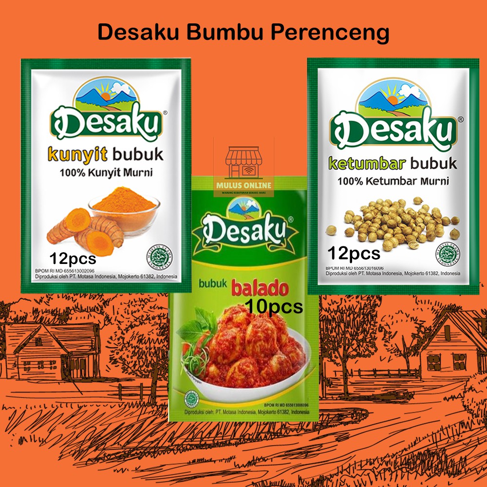 

Desaku Bumbu Spices Ketumbar, Kunyit Bubuk, Balado Pack isi 20, dan 24 pcs