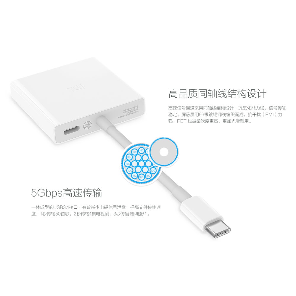 Xiaomi USB Type C to HDMI &amp; USB Adaptor Converter Cable - ZJQ01TM - White