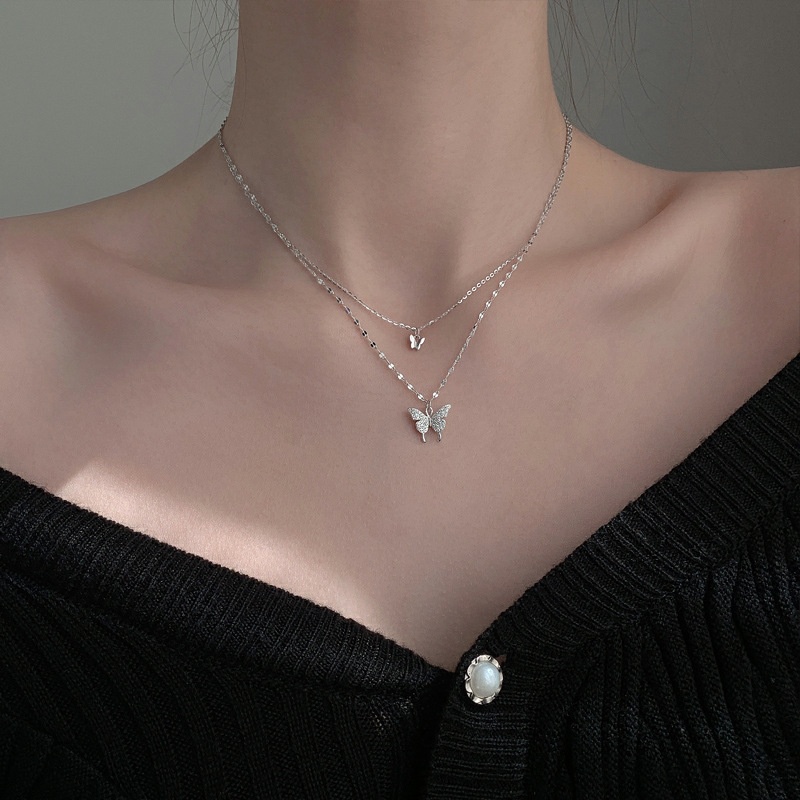 2021 Fashion baru diamond butterfly double-layer kalung wanita titanium steel niche rasa desain gaya