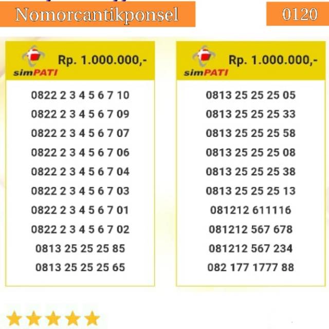 Nomor cantik simpati 0822 0813 0812 seri urut 6angka 23 45 67 triple AB252525 quartet1111 rapi#0120