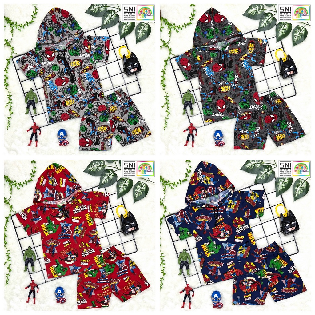 SETELAN / SET BAJU ANAK COWOK HOODIE TOPI 1-9 TAHUN PRINTING SUPERHERO