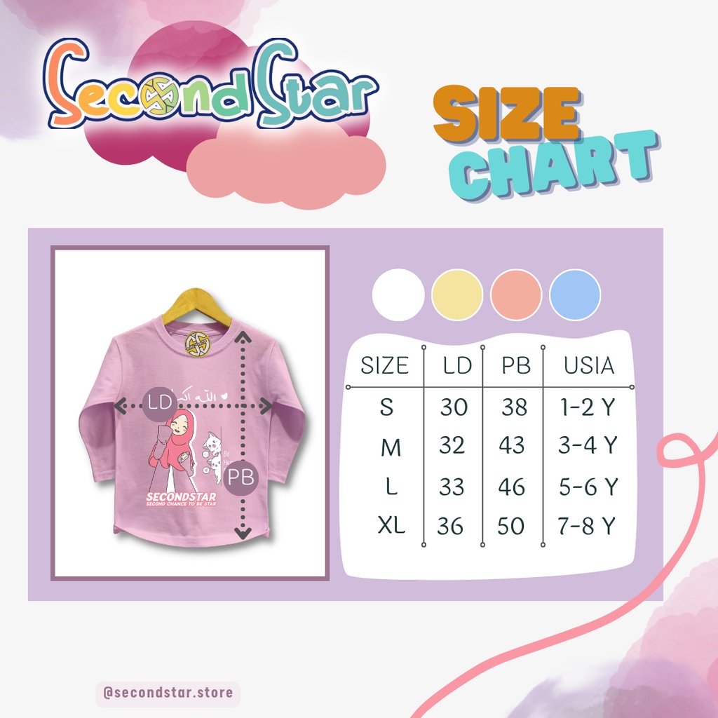 Secondstar baju anak perempuan Kaos oblong lengan panjang islami warna merah pastel 1-8 tahun