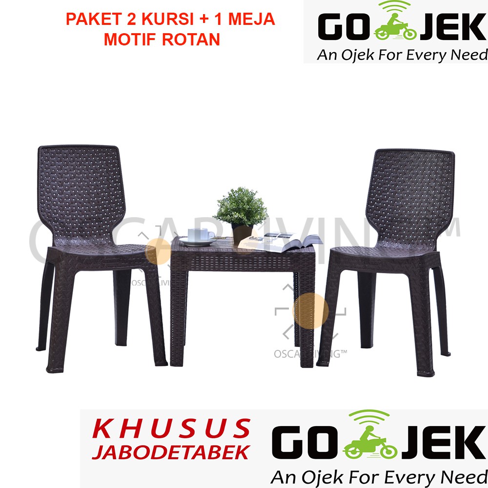 TABITHA SET MEJA KURSI TAMU / MEJA TERAS MOTIF ROTAN PLASTIK (SET 2 KURSI + 1 MEJA)