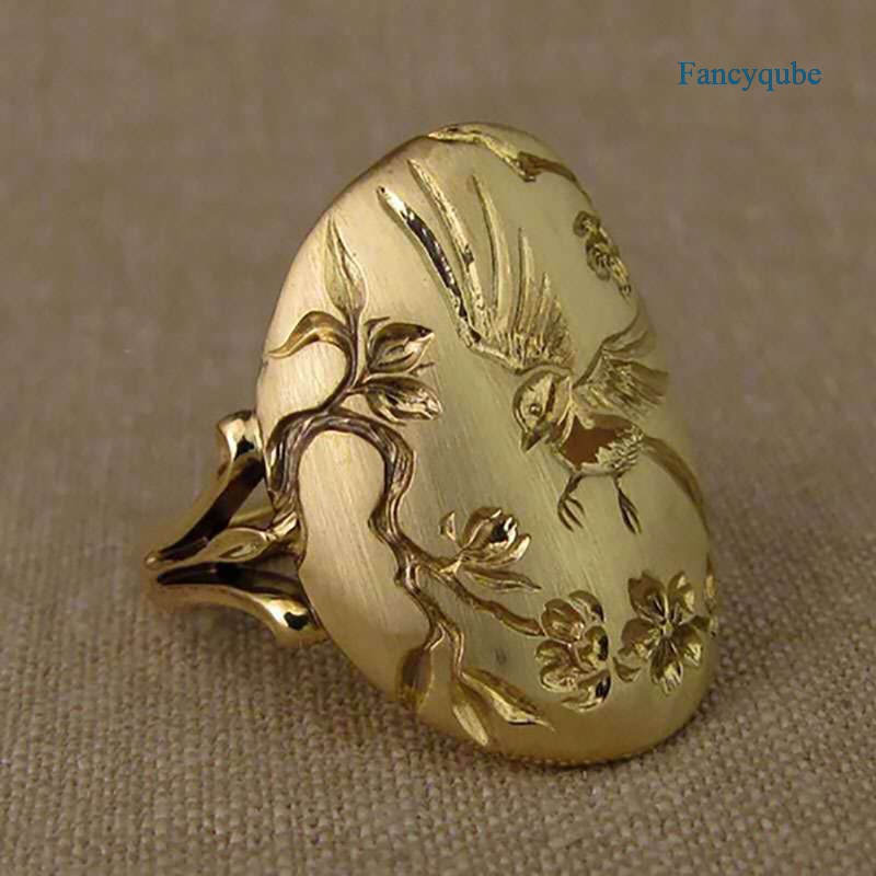 Fancyqube Cincin Emas 18k Desain Burung Dan Bunga Gaya Vintage Untuk Wanita
