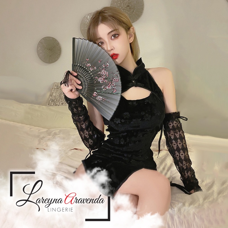 Set Lingerie + G String Seksi Model Costume Cheongsam Beludru Premium LG327