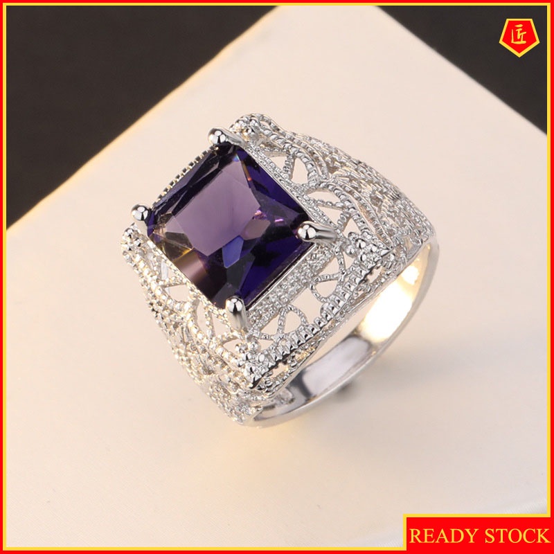 [Ready Stock]Elegant Vintage Hollow Silver Pink Diamond Amethyst Topaz Ring