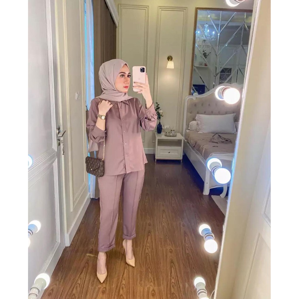 SET RAYON POLOS KEKINIAN/ONE SET WANITA TERBARU LENGAN PANJANG/SETELAN BAJU DAN CELANA DAILY FIA.COLLECTION-PINK
