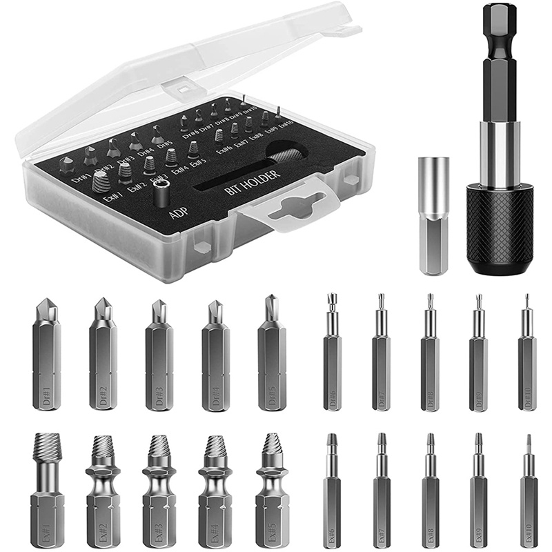 Damaged Screw Extractor Set,22 PCS Stripped Screw Extractor Kit, HSS Broken Screw Remover Set with Bit &amp; Socket Adapter