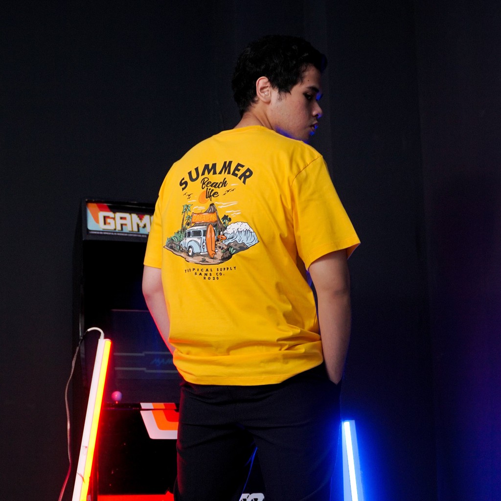 KAOS PRIA PRINTING - T-SHIRT SUMMER BEACH LIFE PARADISE MUSTARD - KAOS PRIA DAN WANITA - OutfitKita