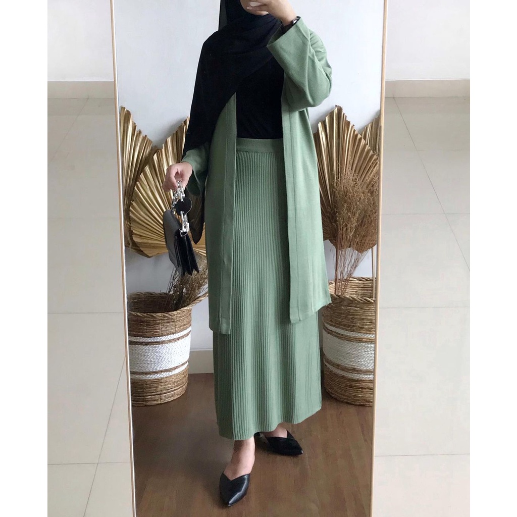 [ONE SET] STELAN RAJUT LONGCARDI BELLE+ROK SPAN KNIT/STELAN WANITA KEKINAN/BAJU STELAN RAJUT/BAHAN HALUS TEBAL TERMURAH