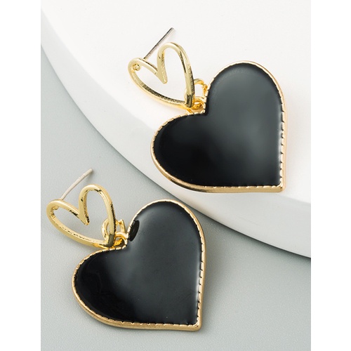 LRC Anting Tusuk Fashion Black Love Dropping Hollow Alloy Earrings K36815