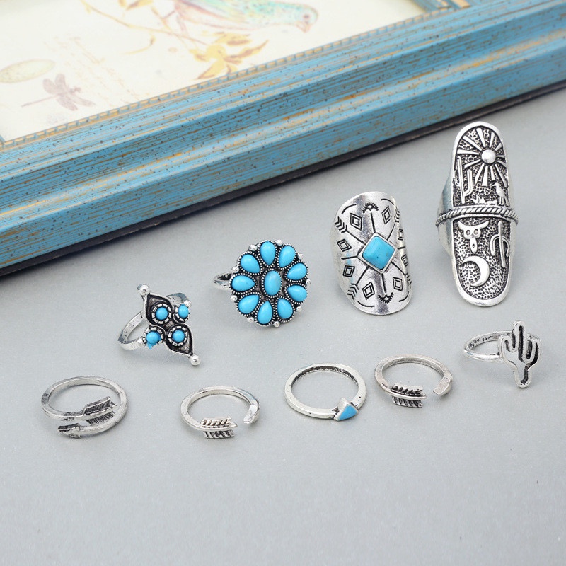 9 Pcs / Set Cincin Jari Telunjuk Model Lebar Motif Ukir Geometris Totem Gaya Retro Bohemian Untuk Wanita