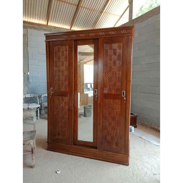 lemari pakaian sleding minimalis pintu 3 kayu jati furniture jepara
