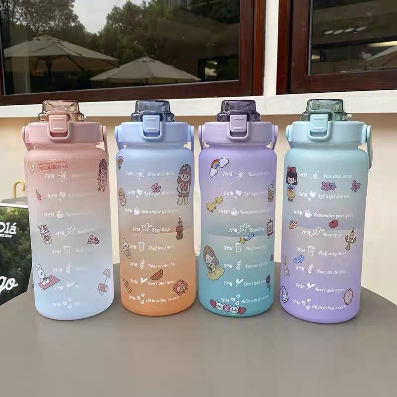 FUTAKO Botol Minum Motivasi Penanda Waktu 2 Liter Gradasi Rainbow