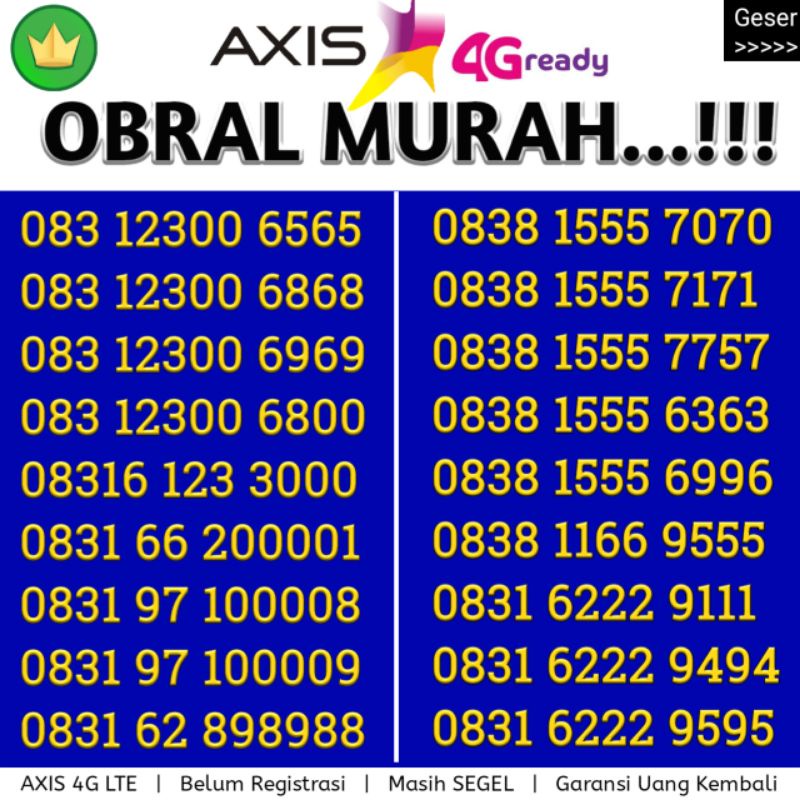 Nomor Cantik AXIS 4G LTE Panca 77777 ABAB 777 888 999 000
