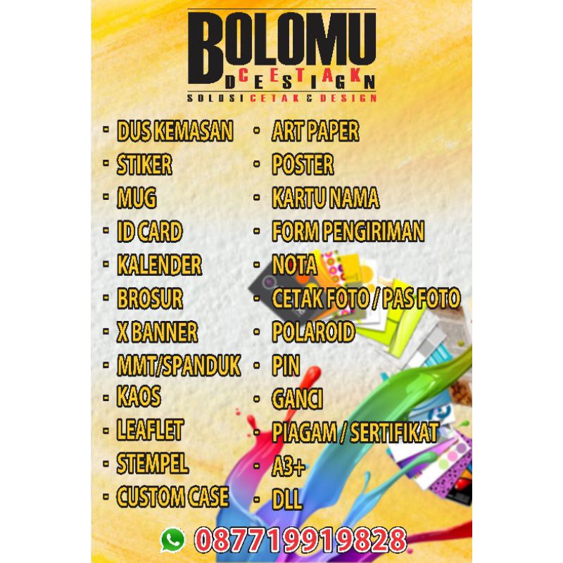 

cetak MMT, stempel,brosur,nota,flayer,xbanner,stiker, sablon plastik dll