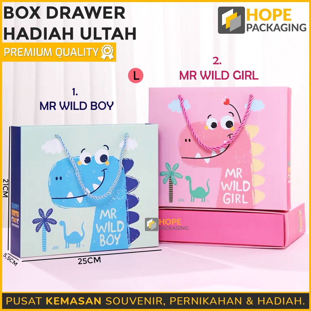 Box Drawer hadiah Ultah Motif Dino biru dan pink Gift Box Souvenir Dus Hadiah Snack Kue happy birthday hadiah bayi box baby / new born