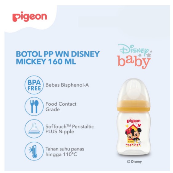 Pigeon Botol PP Wide Neck 160ml Mickey W/P-Plus Nipple - Botol Susu