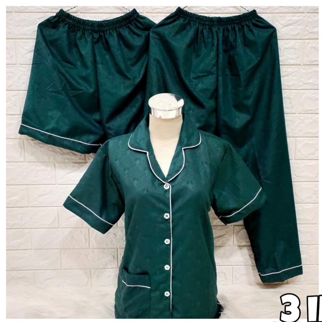 SEASOND IND Piyama/Baju Tidur 3in1 Wanita Dewasa Embos Warna/L Fit to XL ko-Embos Hijau tua