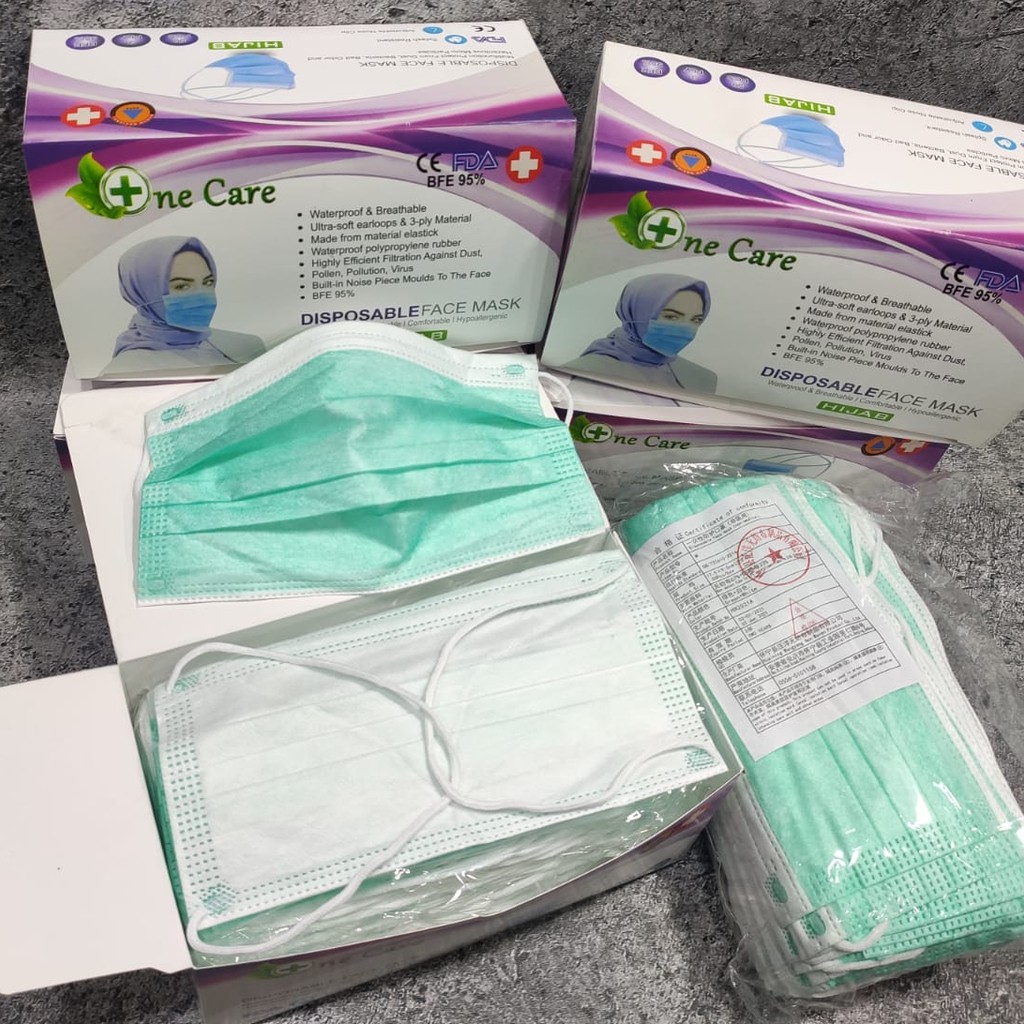 MASKER HIJAB HEADLOOP NECARE NE CARE 3PLY MEDICAL GRADE BNPB BOX ISI 50pc - BIRU - HIJAU - HITAM BLACK