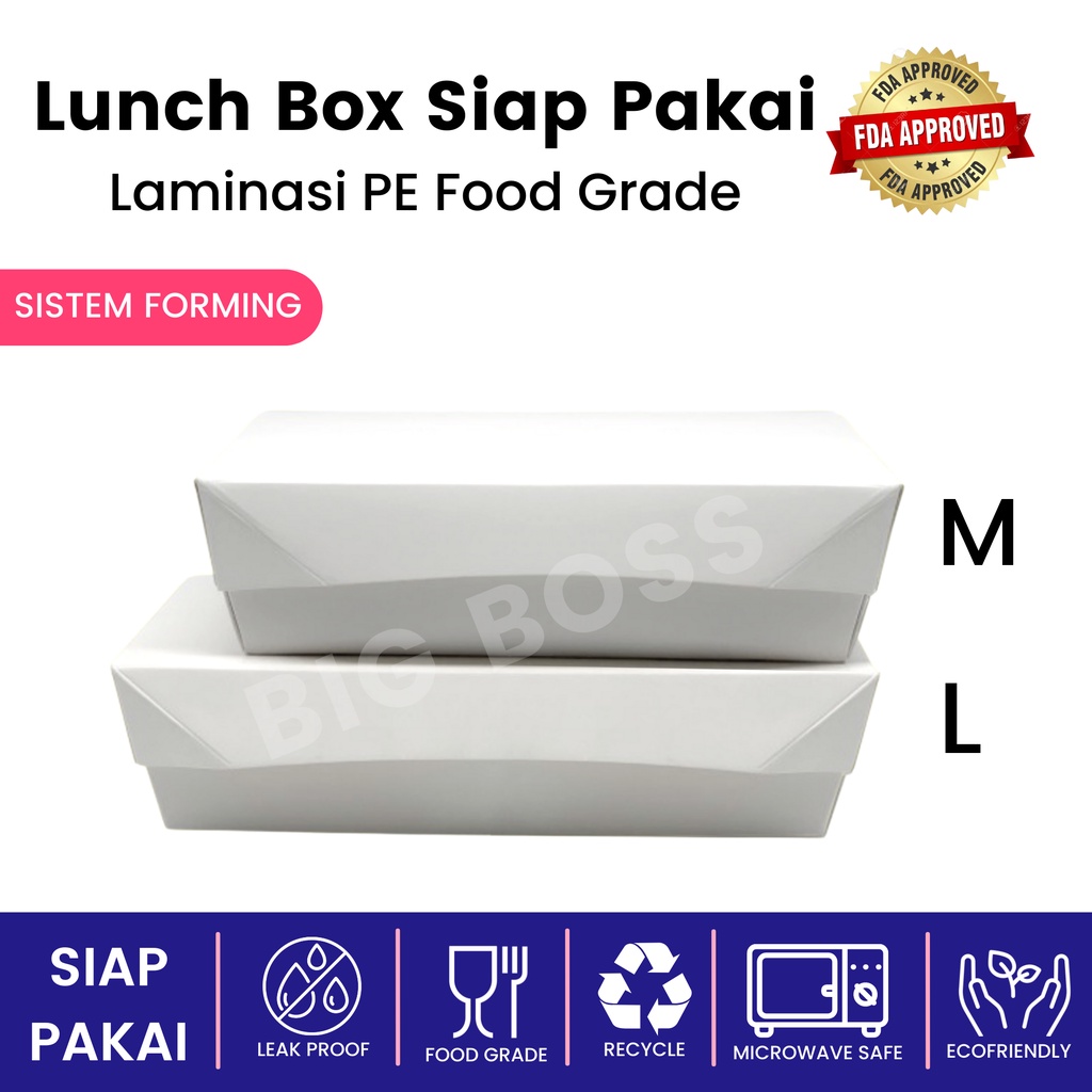 Paper Lunch Box Laminasi Size M L Siap Pakai Ivory Food Grade / Rice Box Takeaway / Kotak Makan Kertas