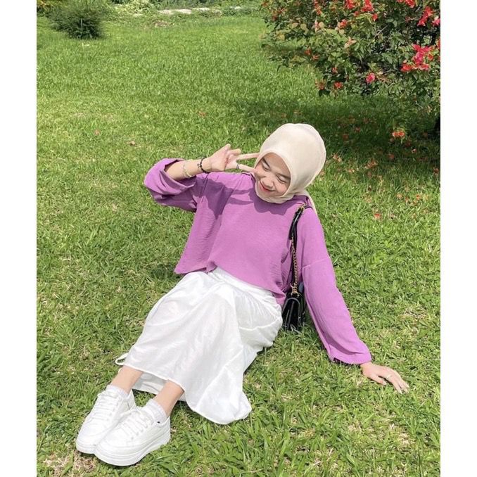 1KG MUAT 5PCS | HAPPY CROP TOP ATASAN AIRFLOW CRINKLE WANITA HITS OOTD SELEBGRAM FASHION GROSIR MURAH WANITA