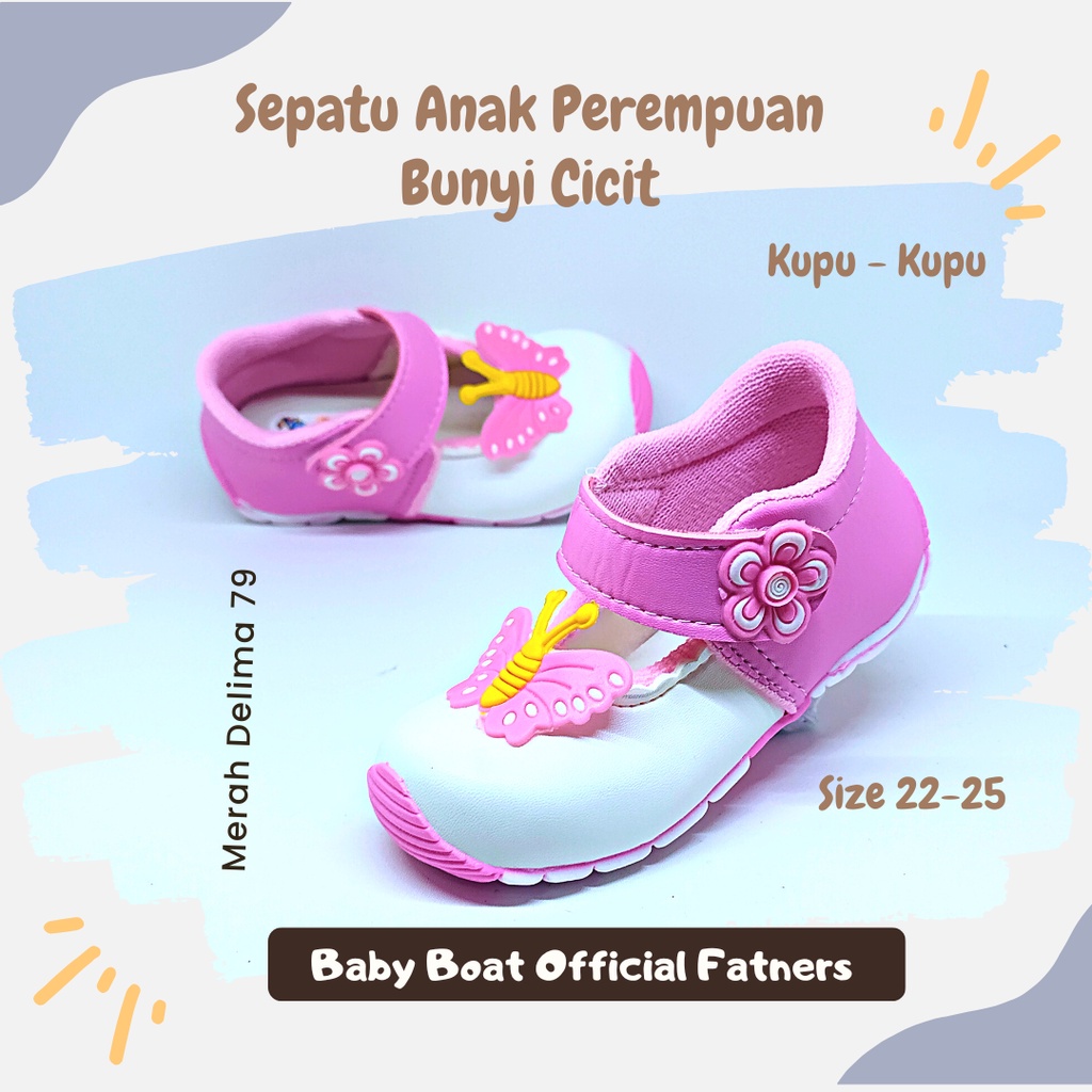 MD 79 - Sepatu Anak Perempuan Gaya 2022 Bunyi Cicit Motif Kupu Kupu Model Baru